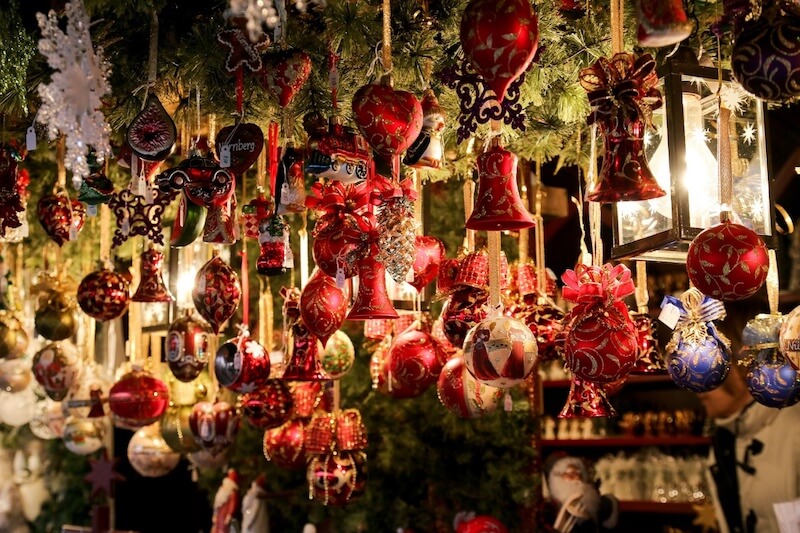 Artisan crafts and handmade ornaments for sale at a San Francisco holiday market