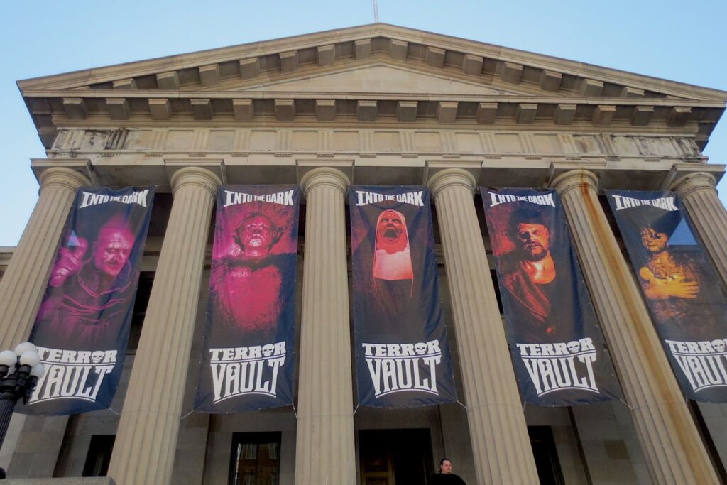 Historic San Francisco Mint building decorated for Halloween haunted house