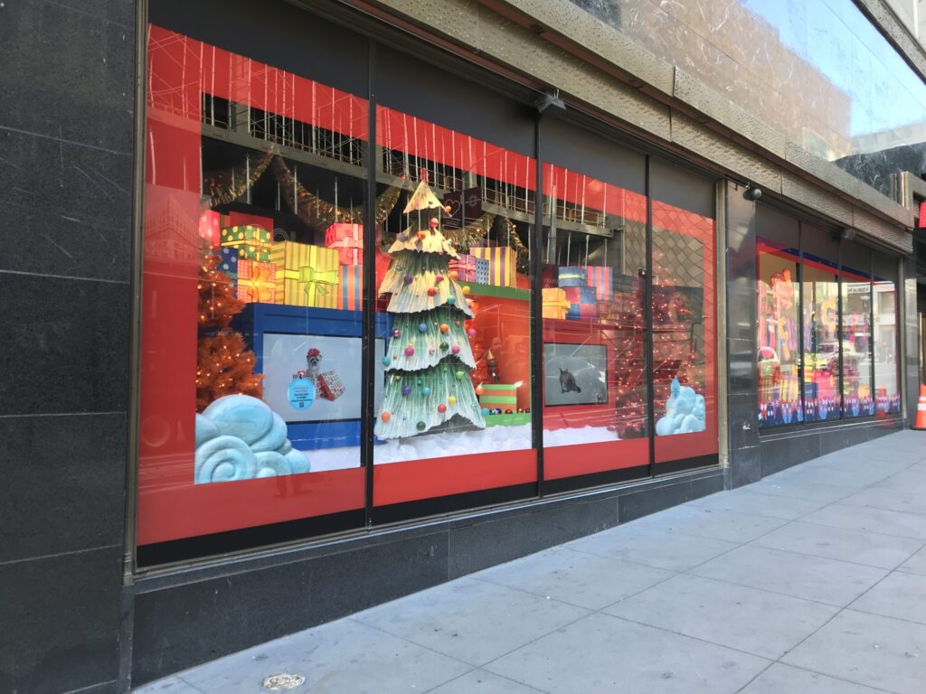 Macy’s holiday windows with Christmas lights and adoptable animals - San Francisco Christmas Lights