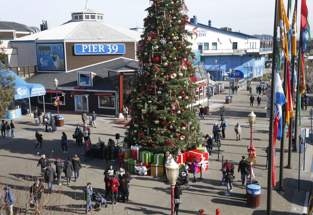 Musical light-up tree on Pier 39 at Christmas in San Francisco