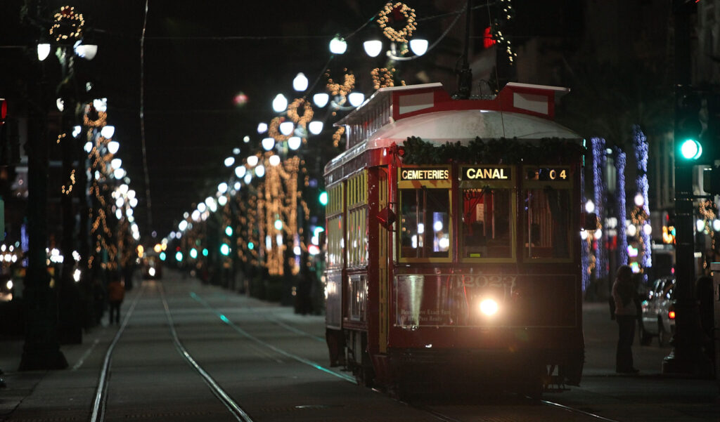 Streetcar Decorated with Lights