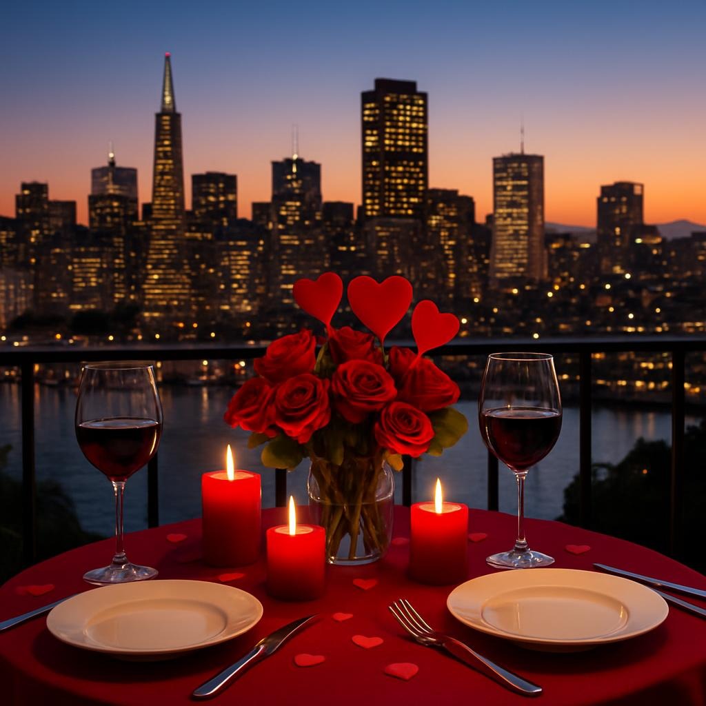 Valentines Day dinner in San Francisco with city skyline background