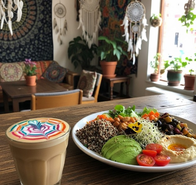 A colorful latte art coffee and vegetarian plate in a hippie-style café.