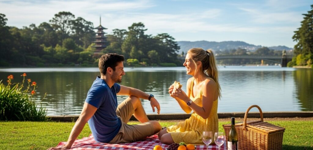 A couple enjoying a picnic near Stow Lake in Golden Gate Park. Best Picnic Spots in San Francisco: A Guide to Relaxation and Scenic Views