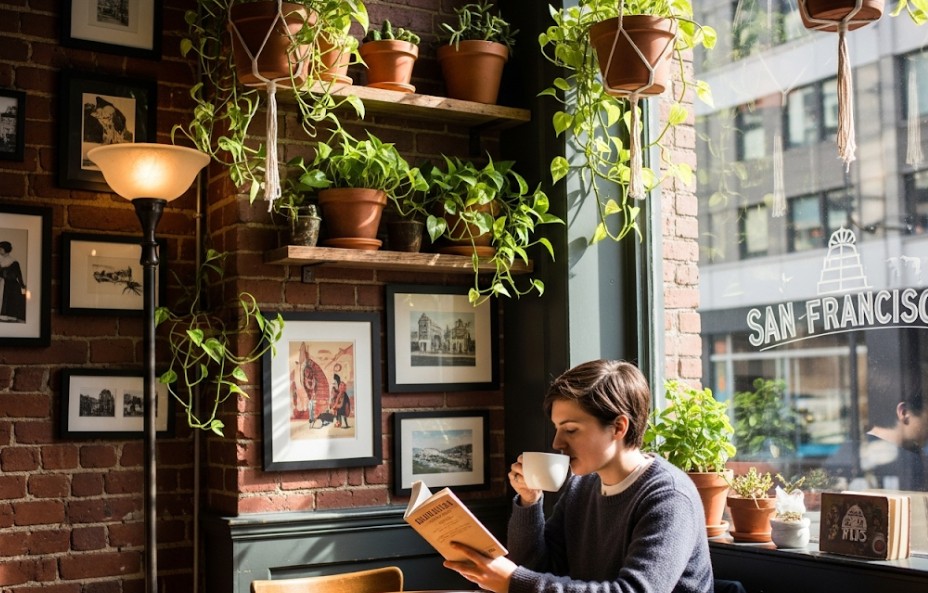 A cozy cafe corner in San Francisco with natural lighting, plants, and someone sipping coffee while reading a book. - Relaxing Cafes in San Francisco