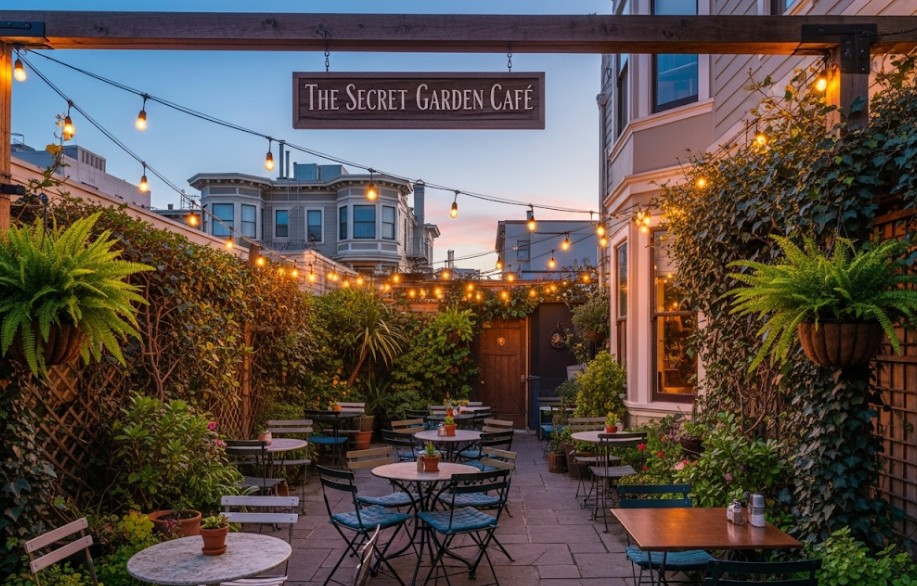 A garden cafe with string lights, cozy tables, and lush plants in San Francisco.