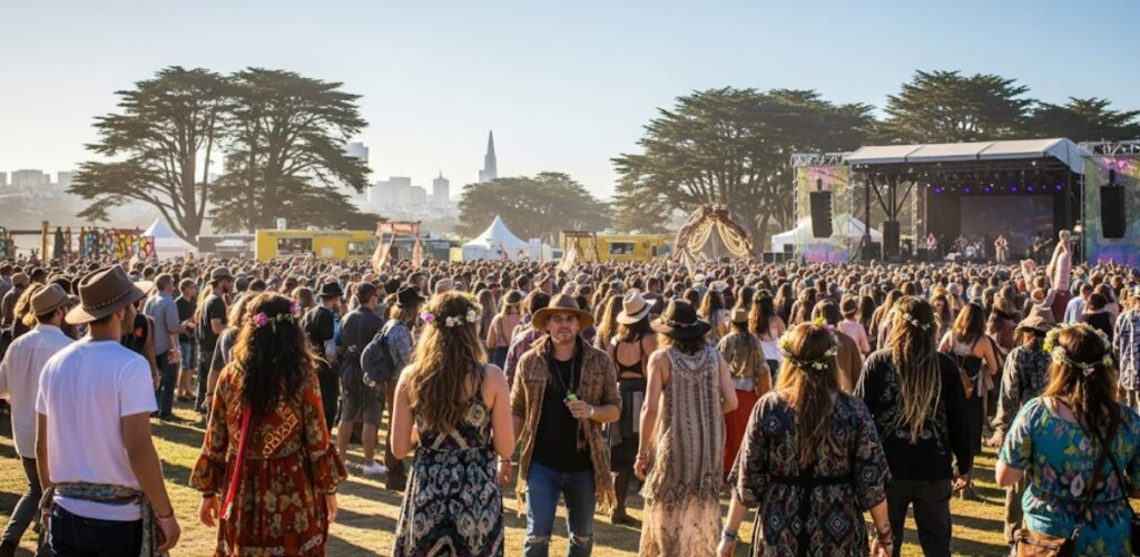 A modern San Francisco music festival with attendees dressed in bohemian clothing.
