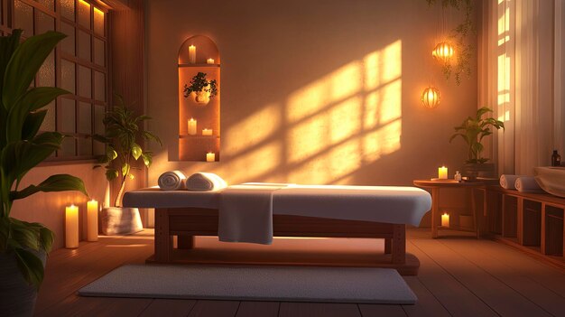 A peaceful spa room with soft lighting and massage tables.