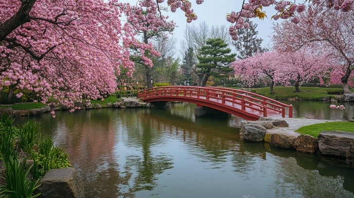 A traditional Japanese bridge over a koi pond with cherry blossoms in bloom.