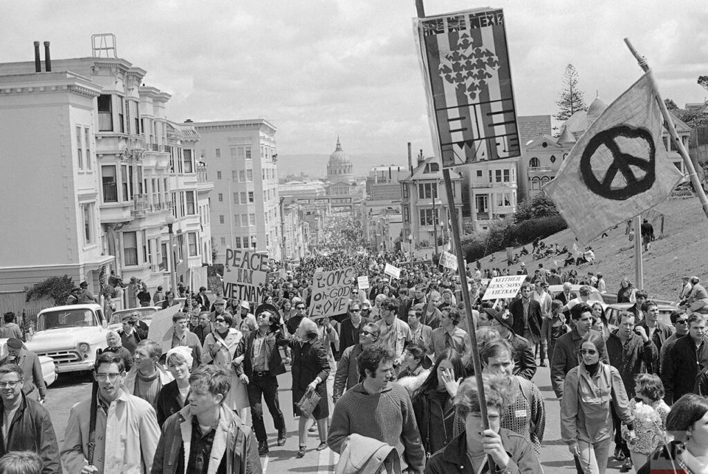 Anti-war protest or civil rights demonstration in San Francisco during the 1960s.