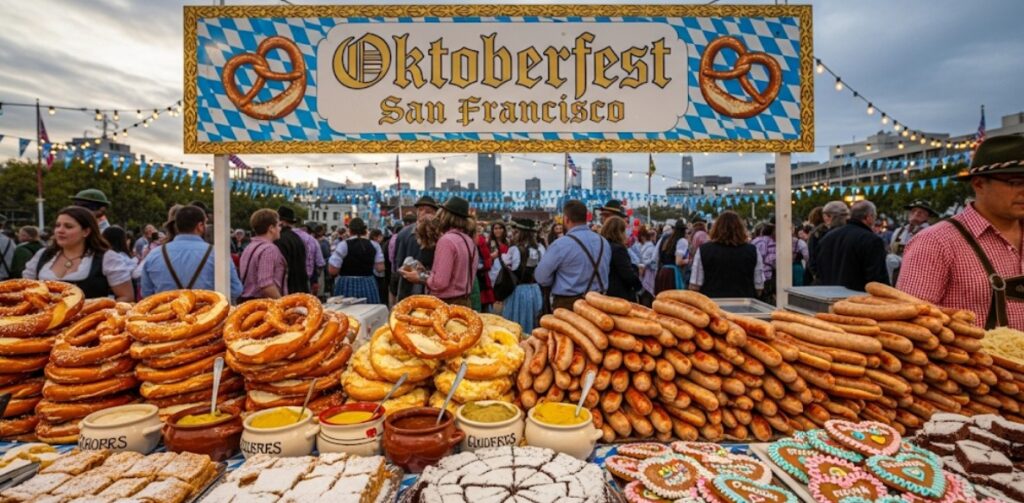 Bavarian soft pretzels, bratwursts, and desserts served at San Francisco Oktoberfest