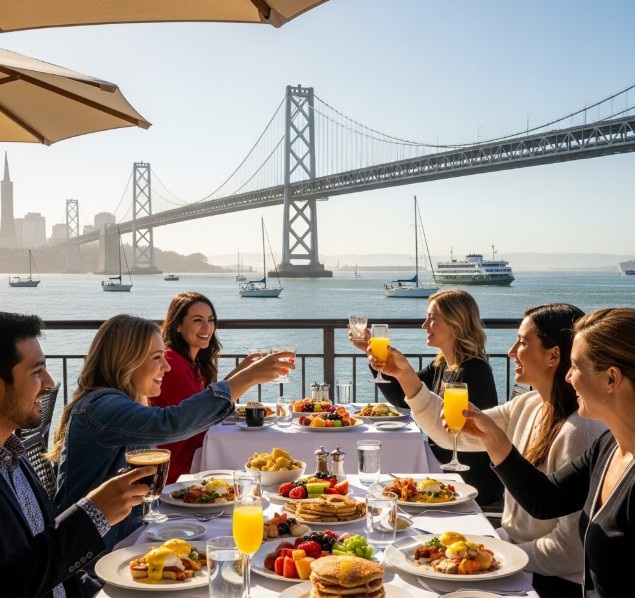 Bay Bridge view during waterfront Labor Day brunch San Francisco