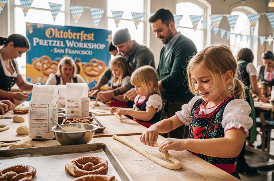 Child shaping pretzels during a family-friendly Oktoberfest workshop in San Francisco