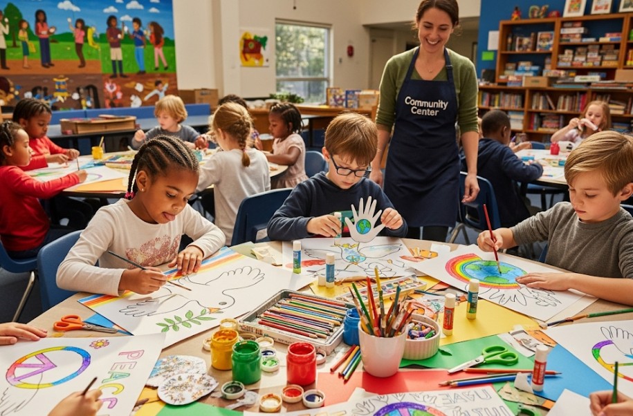 Children creating peace-themed artwork at a local community center.