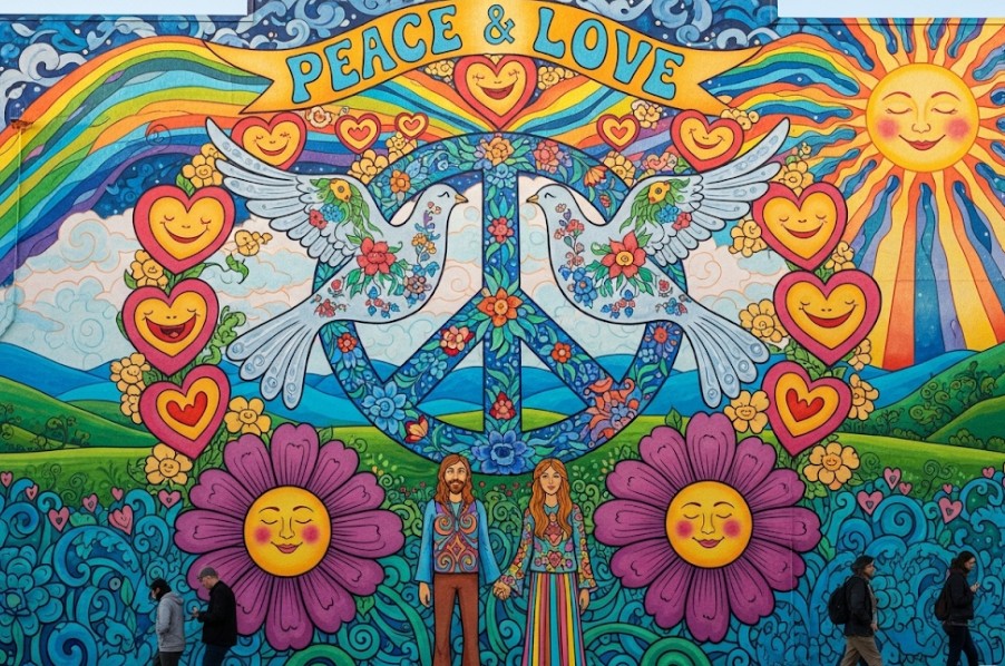 Colorful mural of peace and love themes in Haight-Ashbury.