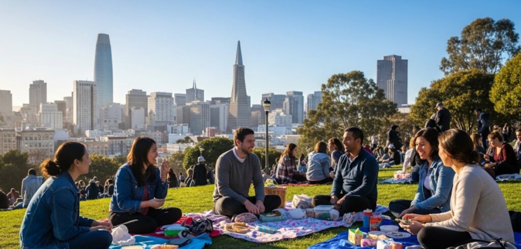 Colorful picnic blankets scattered across Dolores Park with the city skyline behind.
