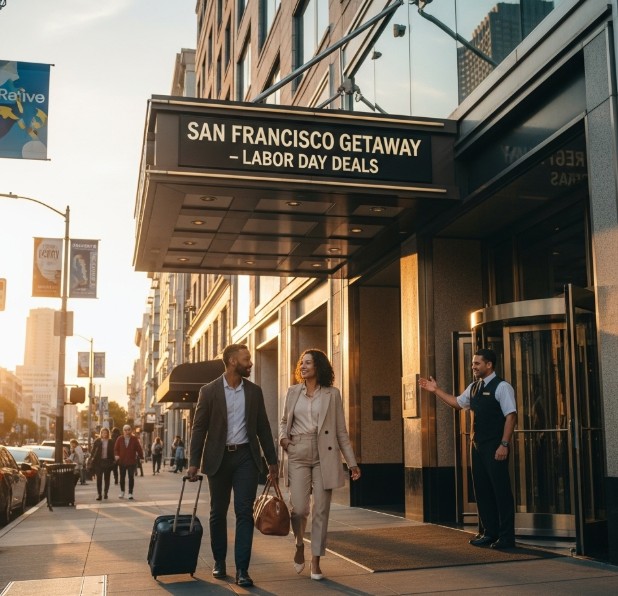 Couple arriving for Labor Day weekend hotel deals SF getaway