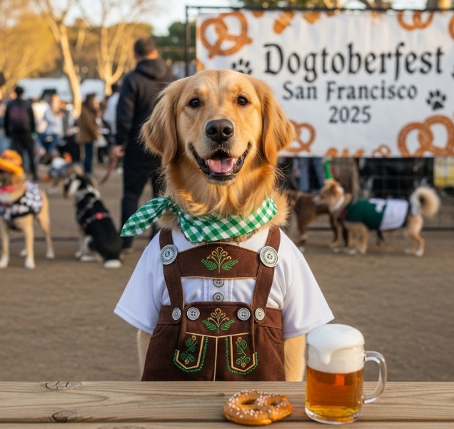 Dog dressed in lederhosen at Dogtoberfest San Francisco 2025.