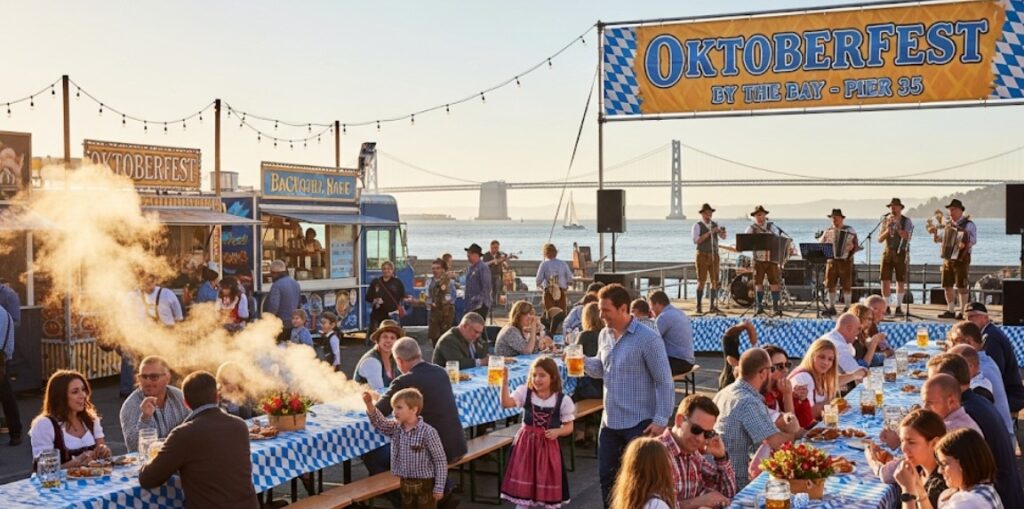 Families celebrating Oktoberfest by the Bay at Pier 35 with food and music