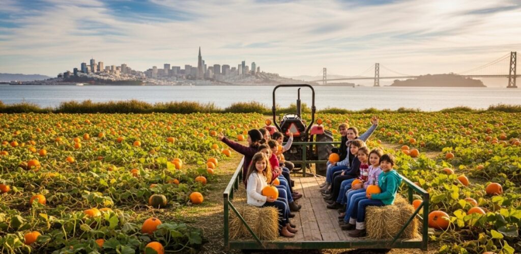 Family enjoying a pumpkin patch near San Francisco