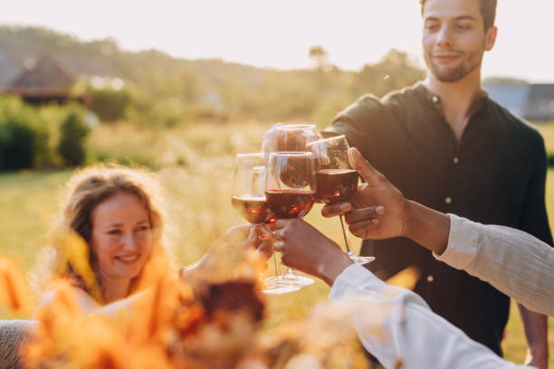Friends clinking wine glasses outdoors