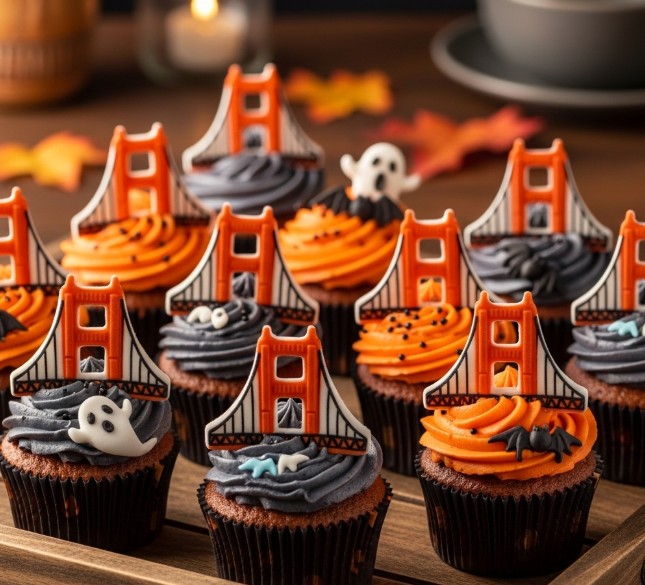 Golden Gate Bridge Halloween cupcakes with spooky frosting