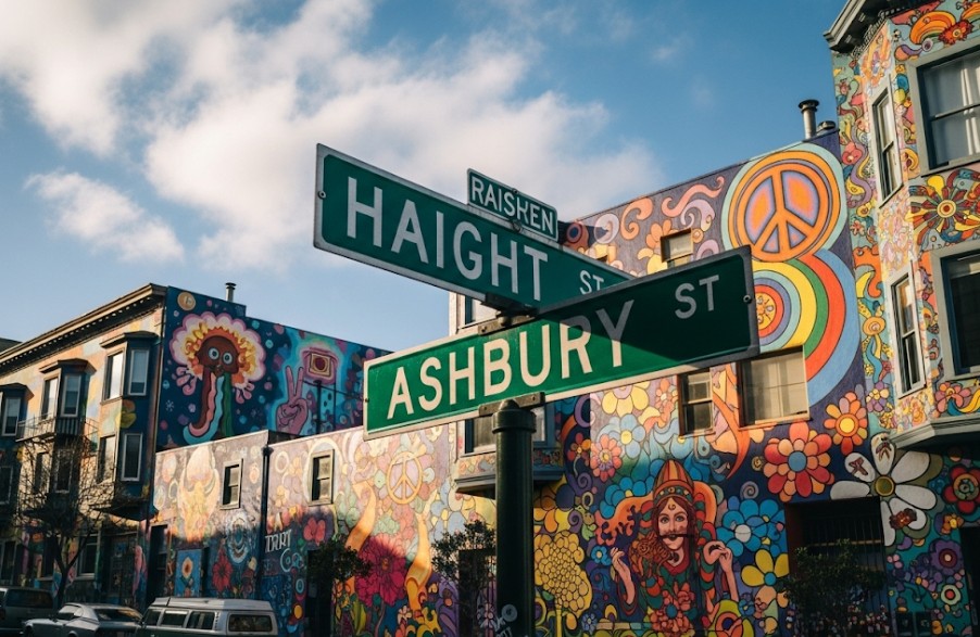 Haight-Ashbury street signs with colorful murals