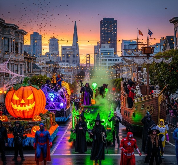 Halloween parade in San Francisco 2025 with festive floats and costumes