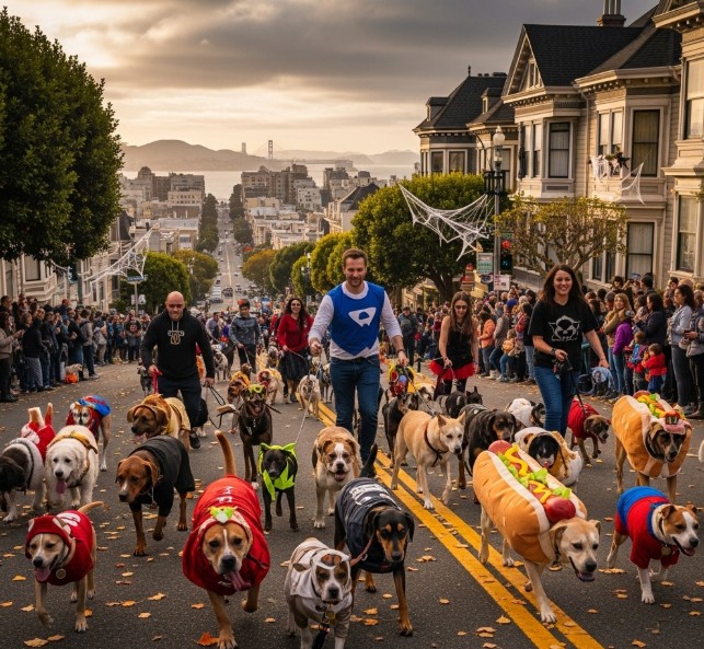 Halloween pet parade in San Francisco 2025 with dressed-up dogs