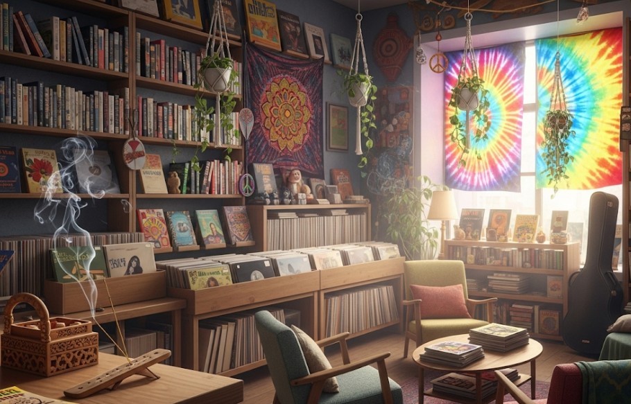 Inside a hippie-inspired bookstore with shelves of vinyl and incense.