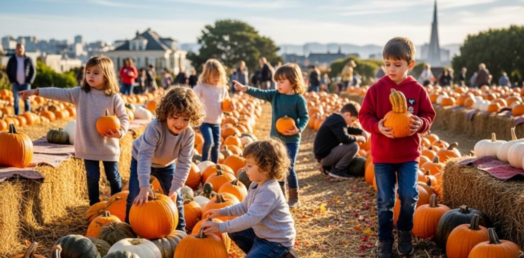 Kids selecting pumpkins at a San Francisco pumpkin patch in fall 2025