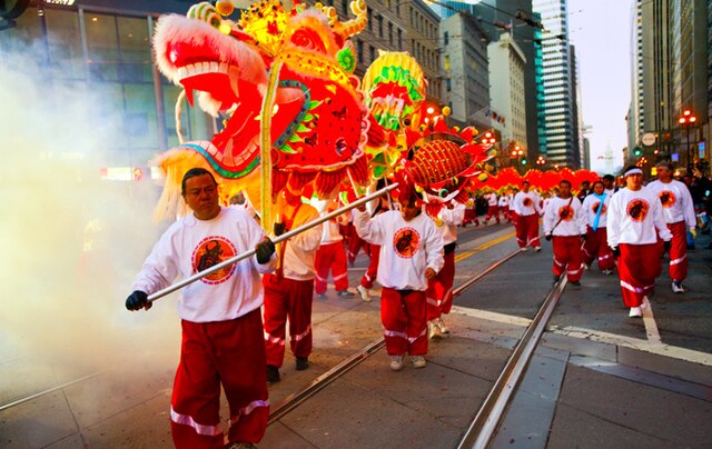 Lanterns and dragon dancers in Chinatown