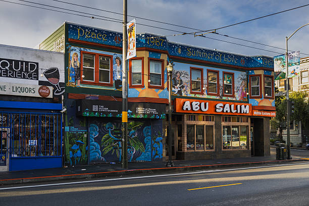 Modern-day Haight-Ashbury street view with colorful houses and pedestrians.