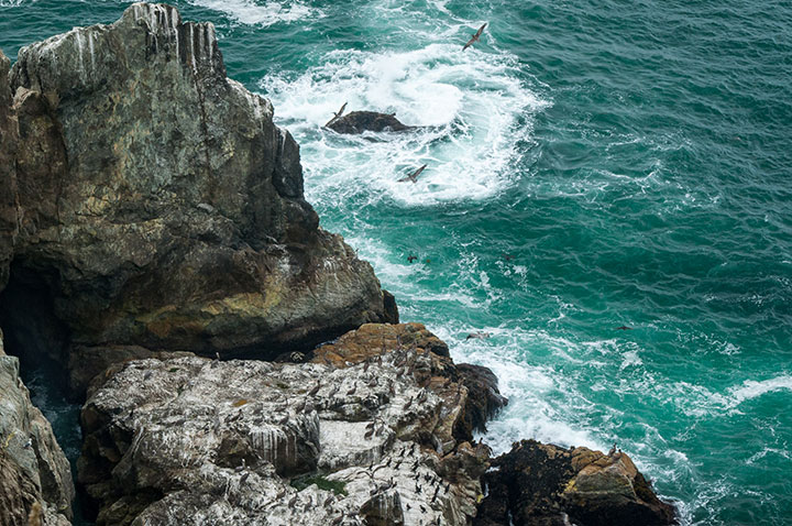  Ocean waves hitting cliffs along Devil’s Slide Trail.