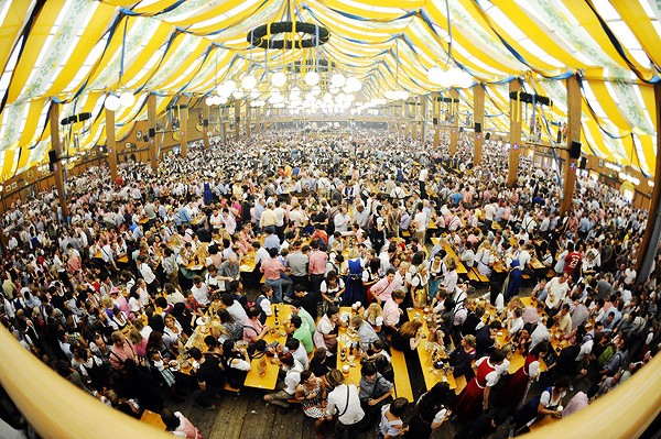 People celebrating Oktoberfest at Pier 48 in San Francisco.