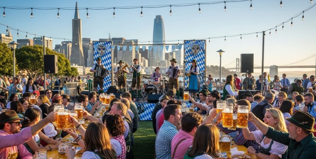 People enjoying Oktoberfest beer and food in San Francisco 2025