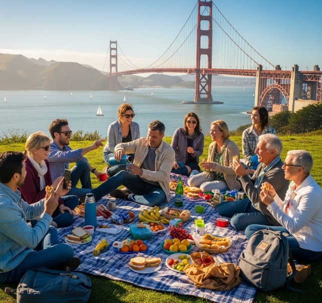 People enjoying a picnic with Golden Gate Bridge in the background during Labor Day weekend San Francisco 2025