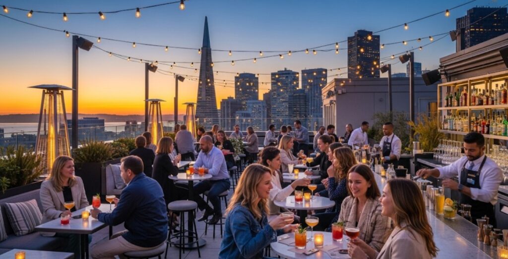 People enjoying cocktails at San Francisco rooftop bar in September 2025
