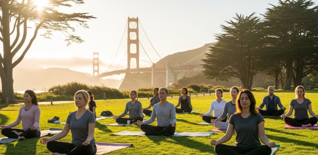 People meditating on mats in a sunlit park with San Francisco landmarks in the background.