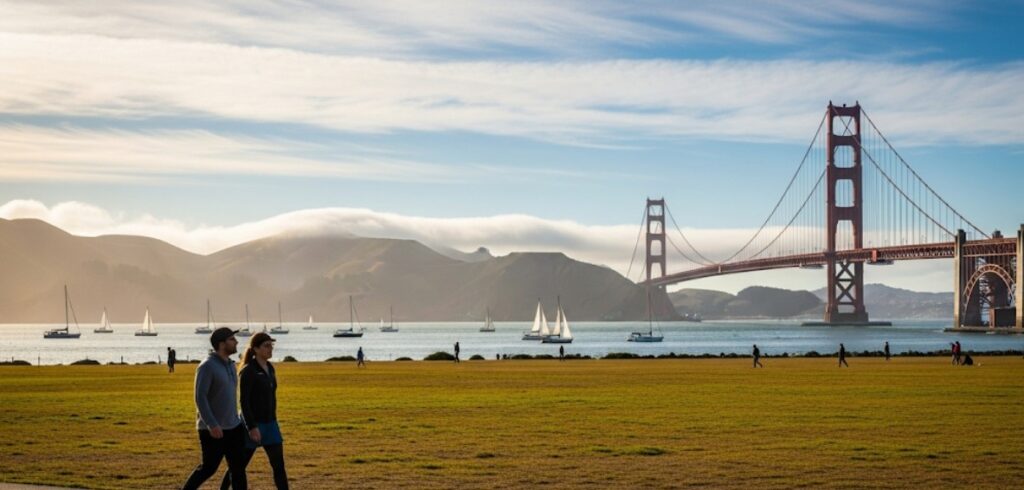 People walking along Crissy Field with the bridge and sailboats in the background.