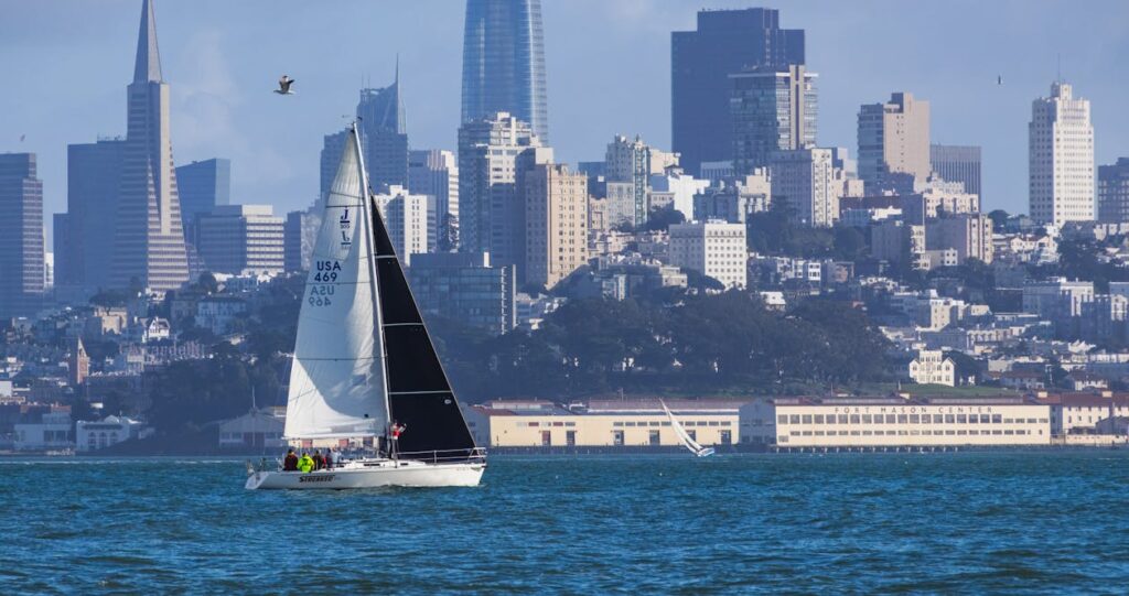 Sailboat with San Francisco skyline in the background.