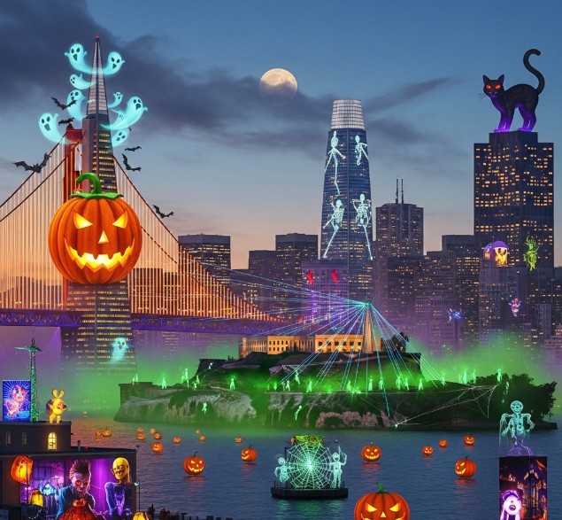 San Francisco skyline at night with Halloween decorations 2025 - Halloween Parties San Francisco 2025: The Ultimate Guide to Spooky Nightlife
