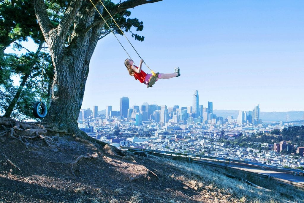 Scenic summer view from swing at Bernal Heights Park