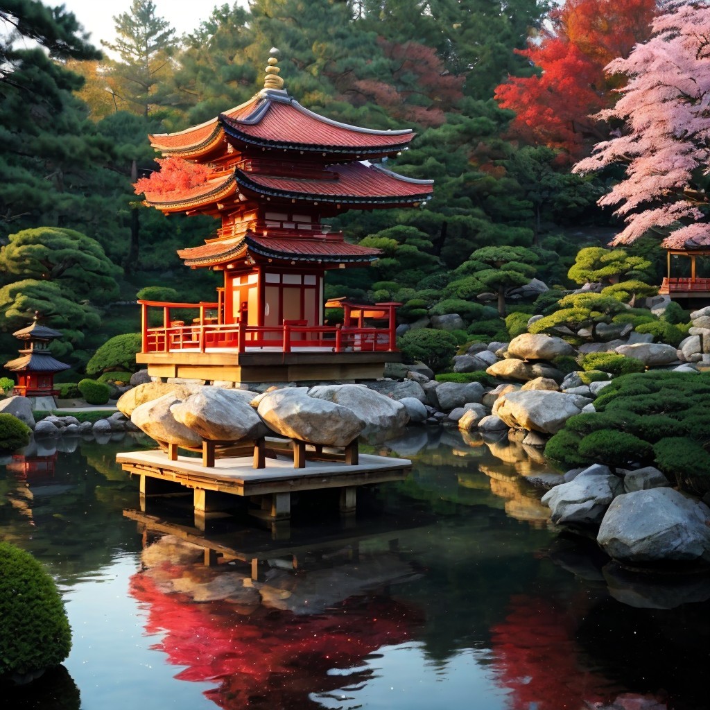 Serene pond in the Japanese Tea Garden with a red pagoda.