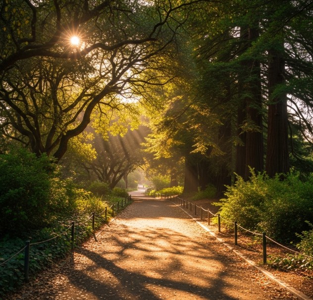 Sunlit path in Golden Gate Park with dappled shadows on the ground.