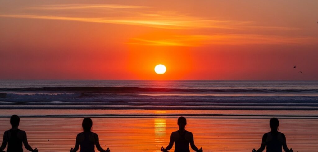 Sunset yoga at Ocean Beach with silhouettes of people in lotus pose.