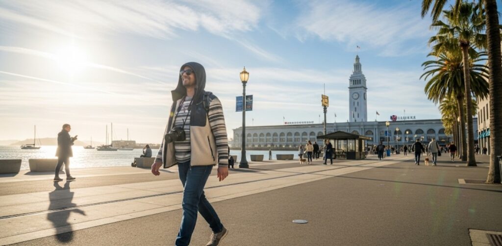 Tourist wearing layers and enjoying a sunny walk along the Embarcadero in San Francisco.
