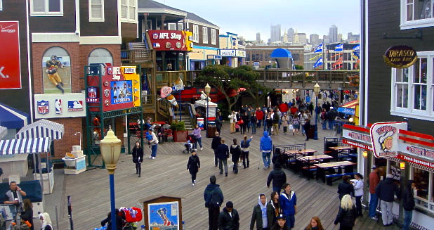 Tourists enjoying street performances at Pier 39 in San Francisco