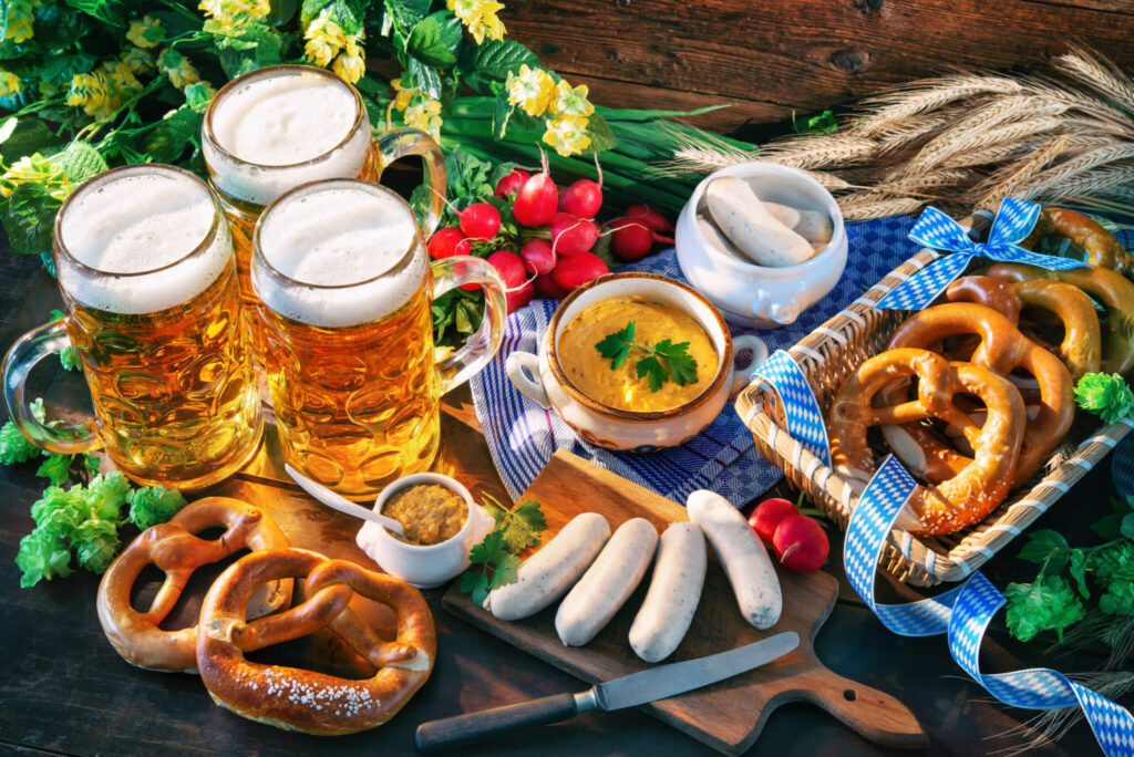 Traditional Oktoberfest food and drinks.