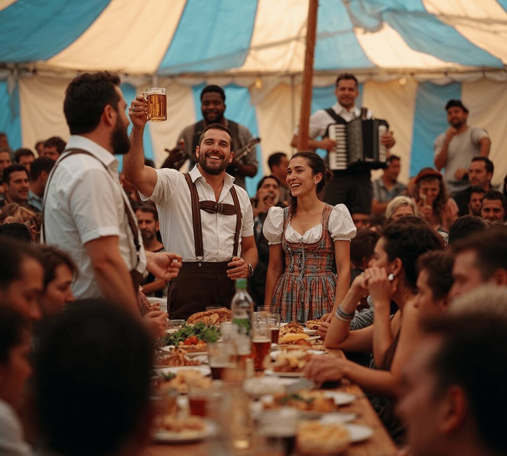 Friends in traditional Oktoberfest costumes enjoying beer at San Francisco beer garden 2025